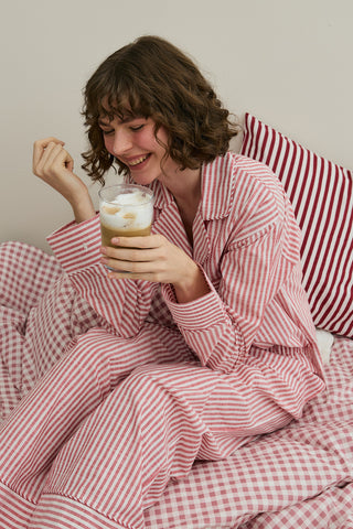 Çizgili Dokuma Pijama Takım Kırmızı