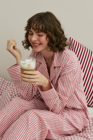 Çizgili Dokuma Pijama Takım Kırmızı