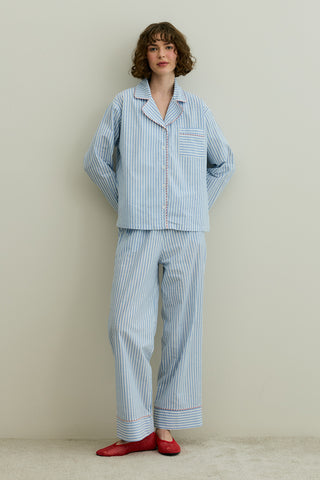 Çizgili Dokuma Pijama Takım Mavi