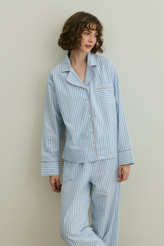 Çizgili Dokuma Pijama Takım Mavi