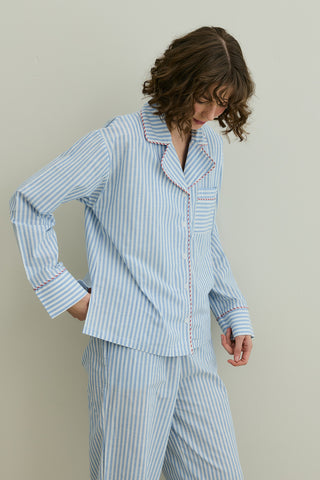 Çizgili Dokuma Pijama Takım Mavi