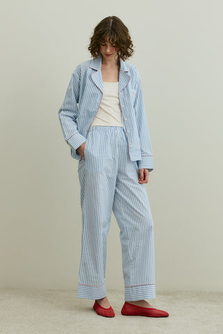 Çizgili Dokuma Pijama Takım Mavi