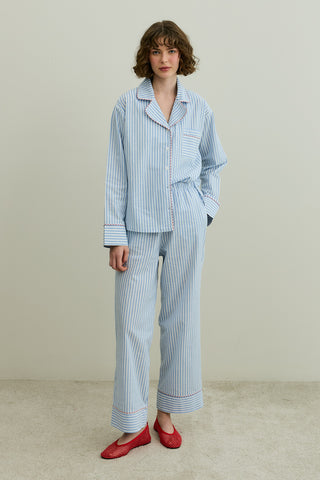 Çizgili Dokuma Pijama Takım Mavi