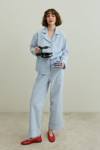 Çizgili Dokuma Pijama Takım Mavi