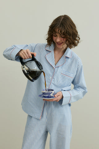 Çizgili Dokuma Pijama Takım Mavi