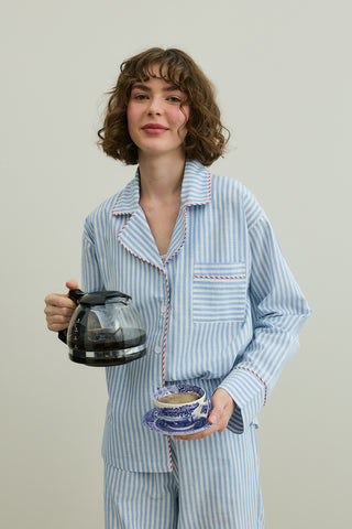 Çizgili Dokuma Pijama Takım Mavi