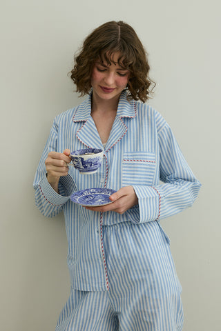 Çizgili Dokuma Pijama Takım Mavi