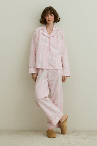 Çizgili Dokuma Pijama Takım Pembe