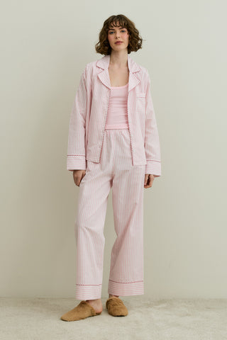 Çizgili Dokuma Pijama Takım Pembe