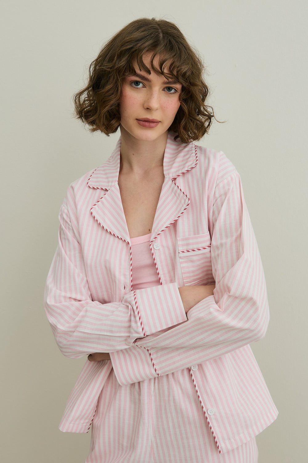 Çizgili Dokuma Pijama Takım Pembe