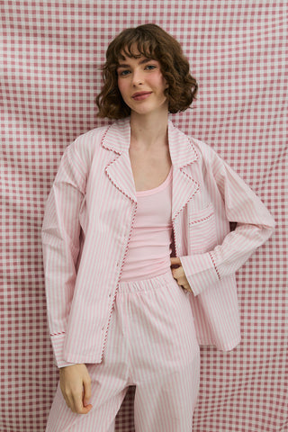 Çizgili Dokuma Pijama Takım Pembe