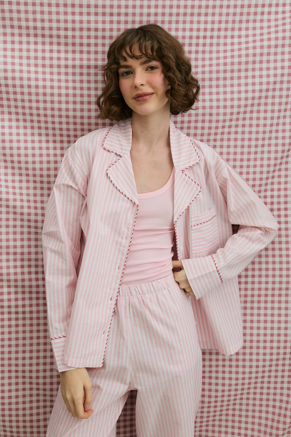 Çizgili Dokuma Pijama Takım Pembe
