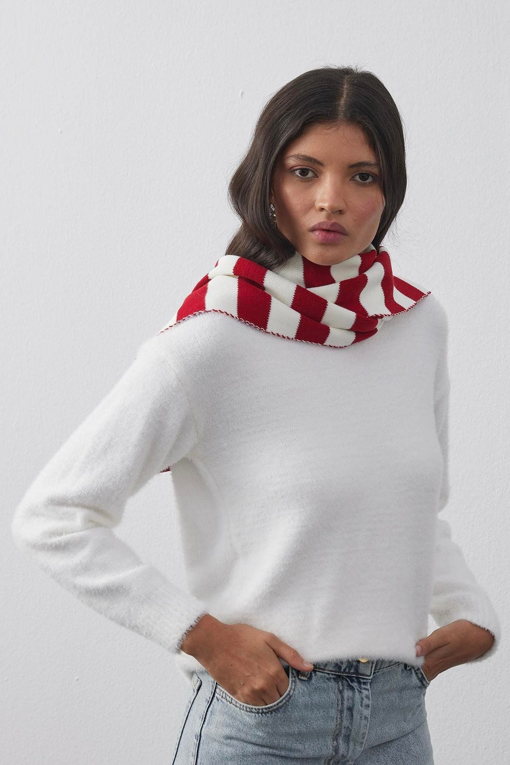 Striped Thin Scarf Red