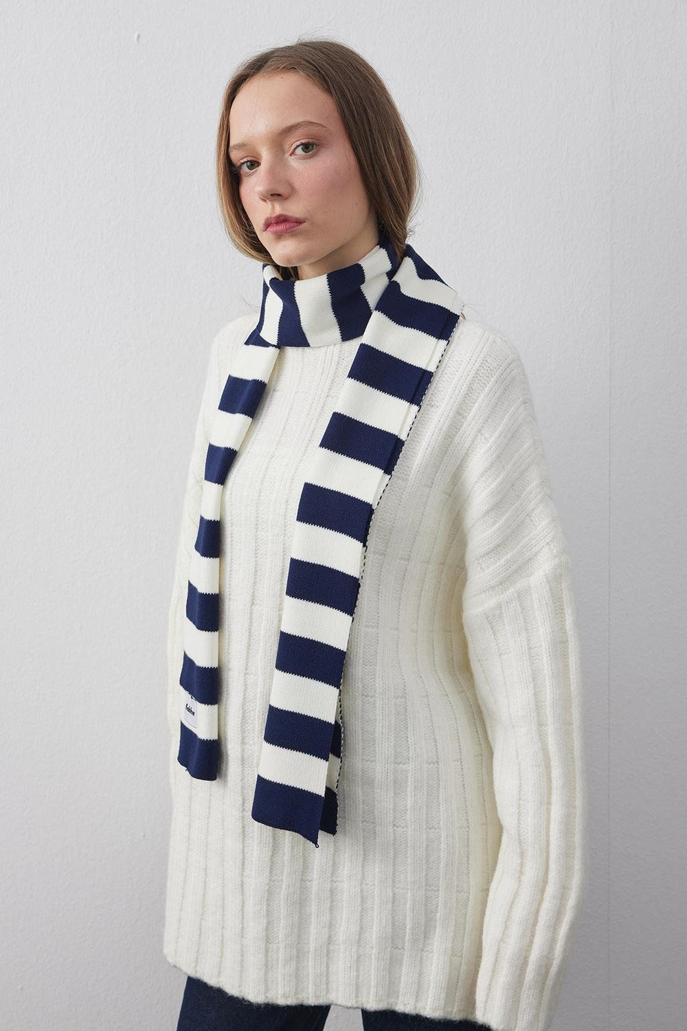 Striped Thin Scarf Navy Blue
