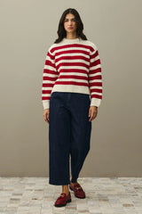 Çizgili Kalın Örgü Kazak Kırmızı