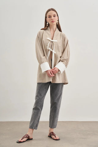 Çizgili Kimono Bej - Fahhar Design