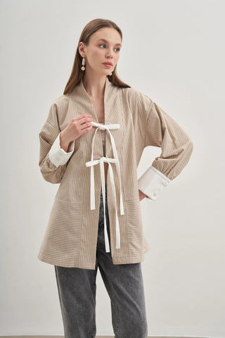 Çizgili Kimono Bej - Fahhar Design