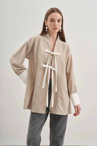 Çizgili Kimono Bej - Fahhar Design