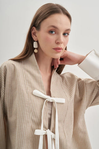 Çizgili Kimono Bej - Fahhar Design