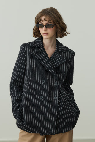 Çizgili Kruvaze Ceket Siyah