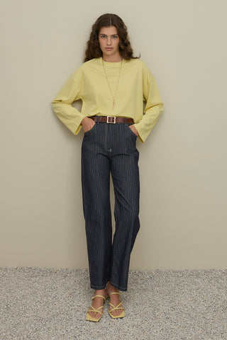 Çizgili Straight Denim Pantolon Lacivert