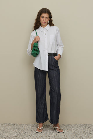 Çizgili Straight Denim Pantolon Lacivert
