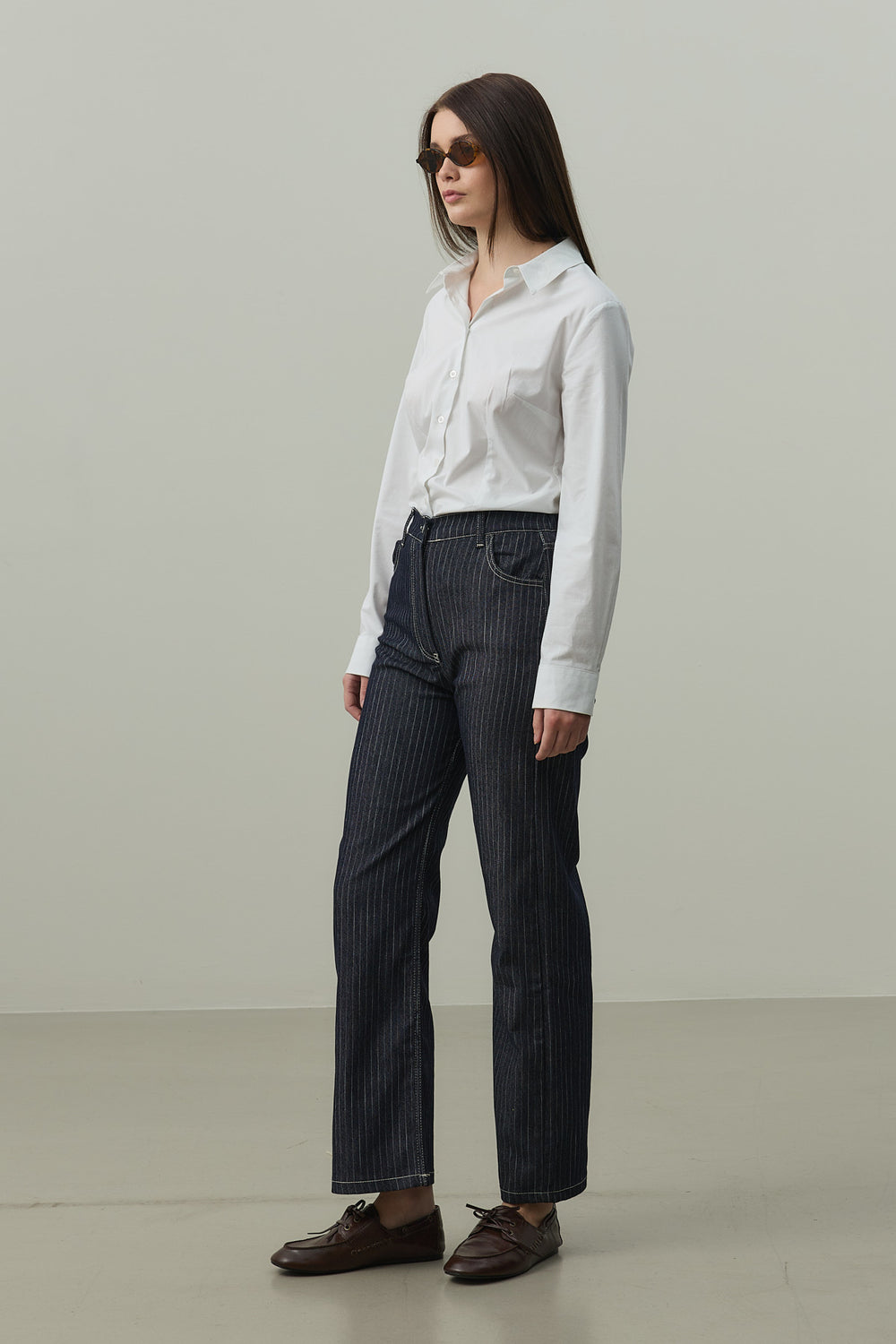 Striped Straight Denim Trousers Navy Blue