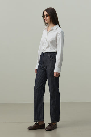 Çizgili Straight Denim Pantolon Lacivert