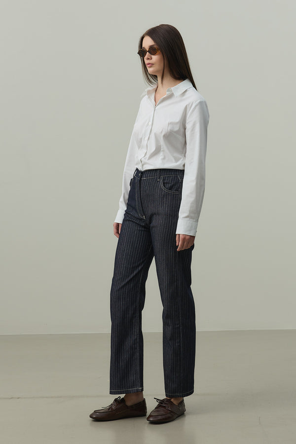 Striped Straight Denim Trousers Navy Blue