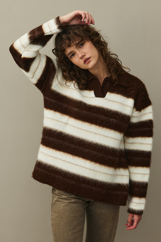 Çizgili Tiftik Kazak Kahverengi