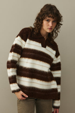 Çizgili Tiftik Kazak Kahverengi