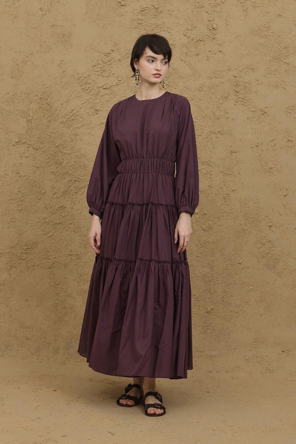 Multi-Pleated Dress in Plum