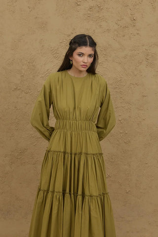 Multi-Pleated Dress Oil Green