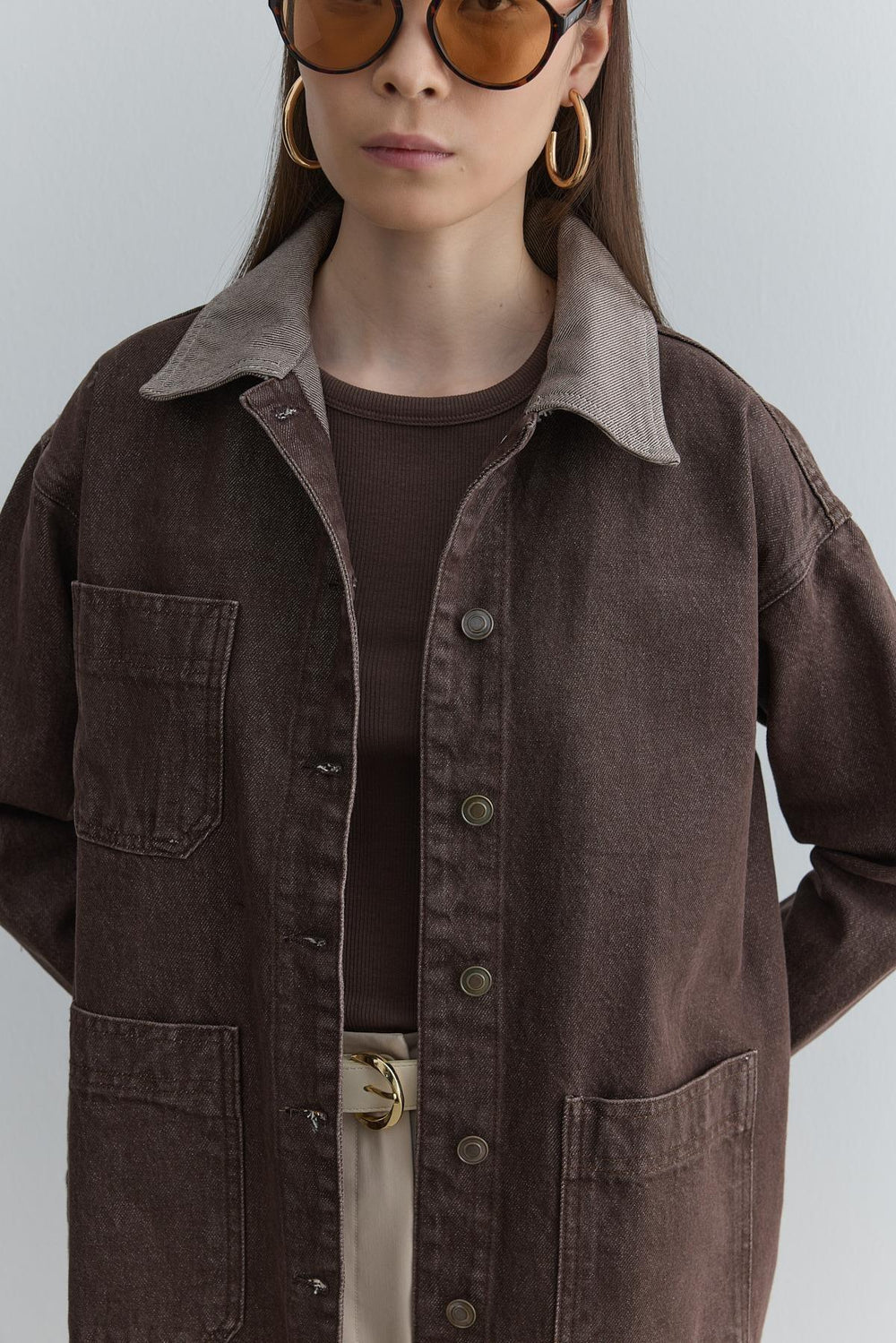 Multi-Pocket Denim Jacket Brown