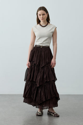 Çok Katlı Şifon Etek Kahverengi