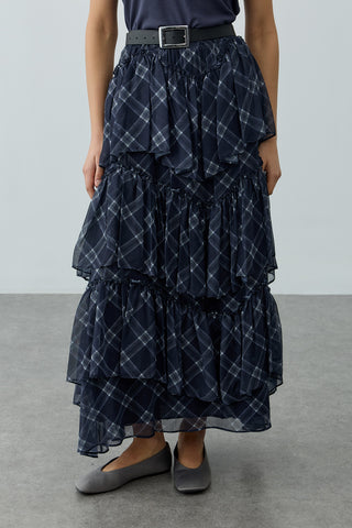 Çok Parçalı Ekose Etek Lacivert