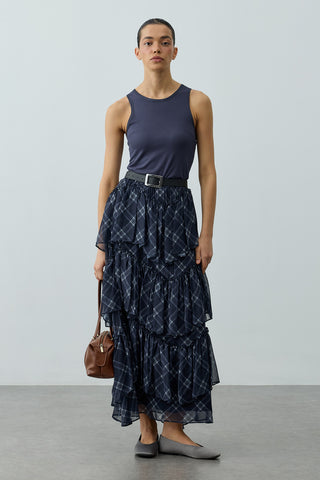 Çok Parçalı Ekose Etek Lacivert