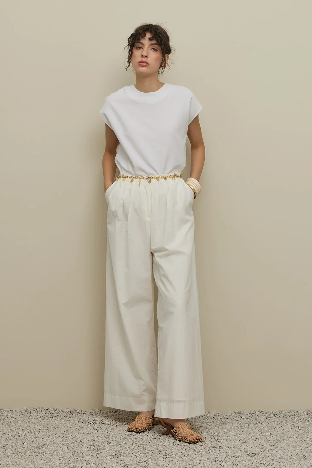 Multi-Pleated Voile Trousers in Ecru