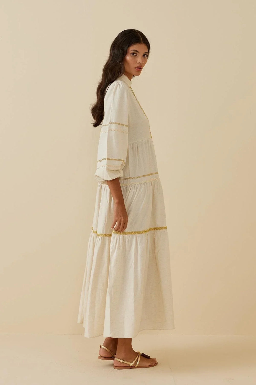 Multi-Striped Linen Dress Beige