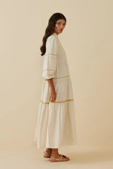 Çok Şeritli Keten Elbise Bej