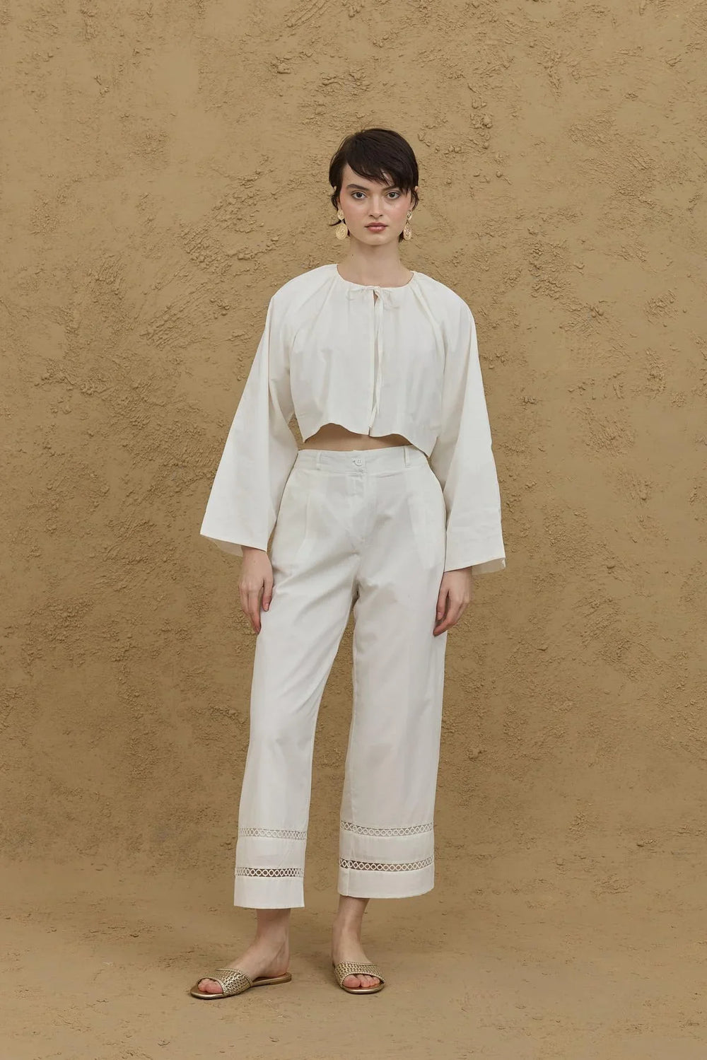 Culotte Cut Cotton Trousers in Ecru