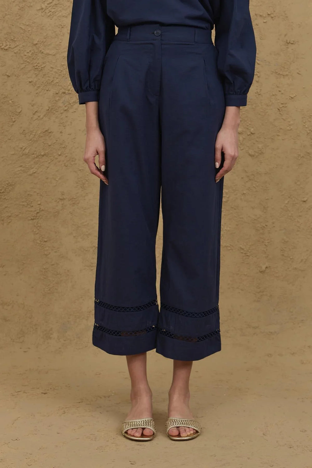 Culotte Cut Cotton Trousers Navy Blue