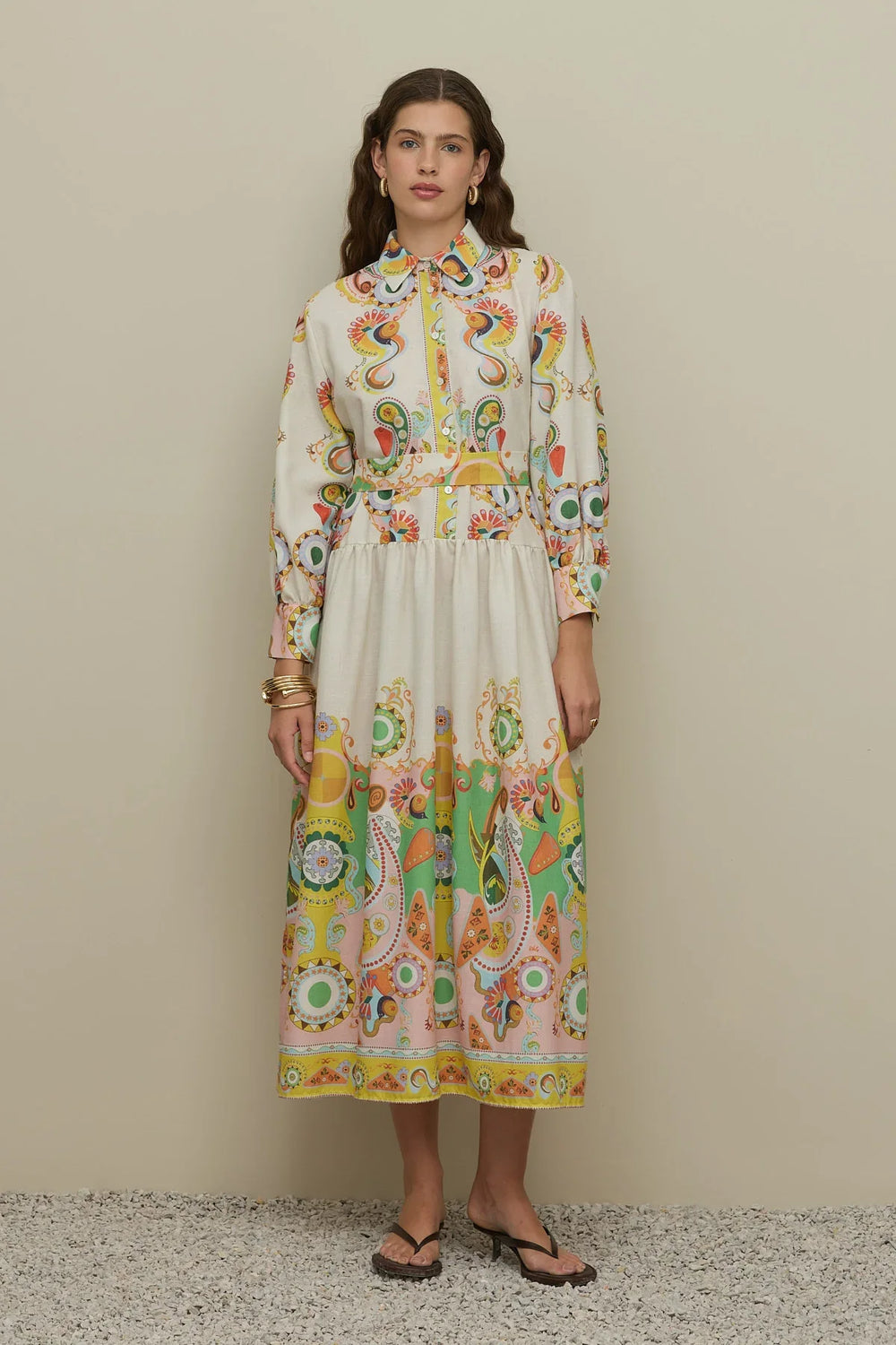 Patterned Pleated Dress Natural