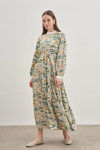 Desenli Pamuk Elbise Koyu Yeşil