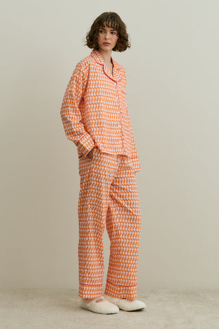 Desenli Pamuk Pijama Takımı Turuncu