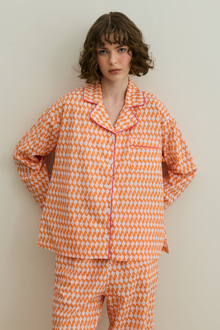 Desenli Pamuk Pijama Takımı Turuncu