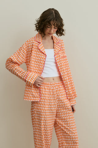 Desenli Pamuk Pijama Takımı Turuncu