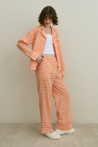 Desenli Pamuk Pijama Takımı Turuncu