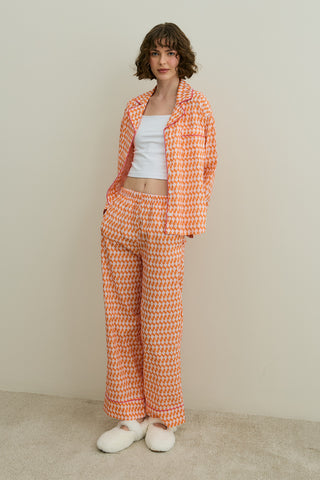 Desenli Pamuk Pijama Takımı Turuncu