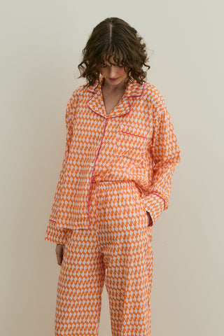 Desenli Pamuk Pijama Takımı Turuncu